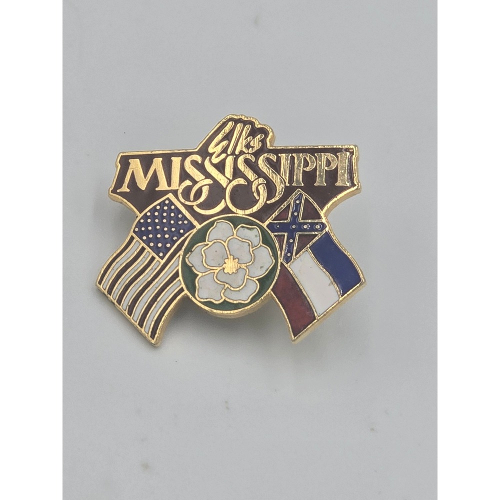 Vintage Elks Mississippi Enamel Lapel Pin Gold Tone Fraternal State Flag Flower